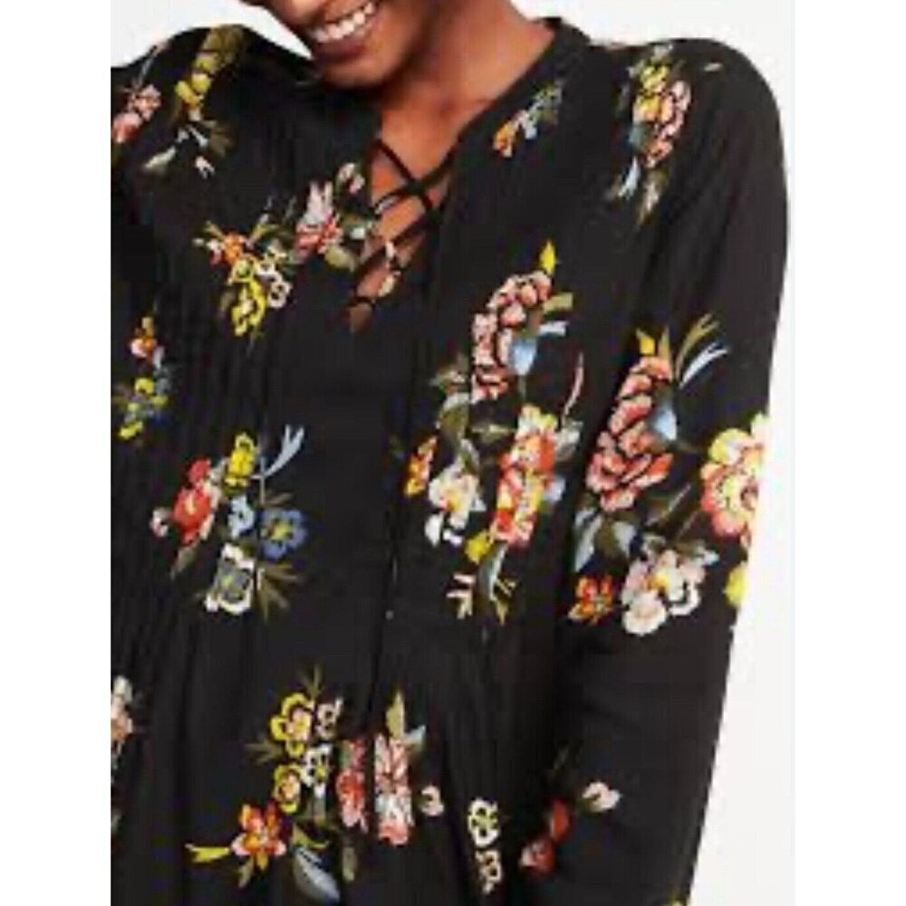 Old Navy Midi Floral Dress Womens Sz‎ XS Black  Long Sleeve Boho Peasant Fall
